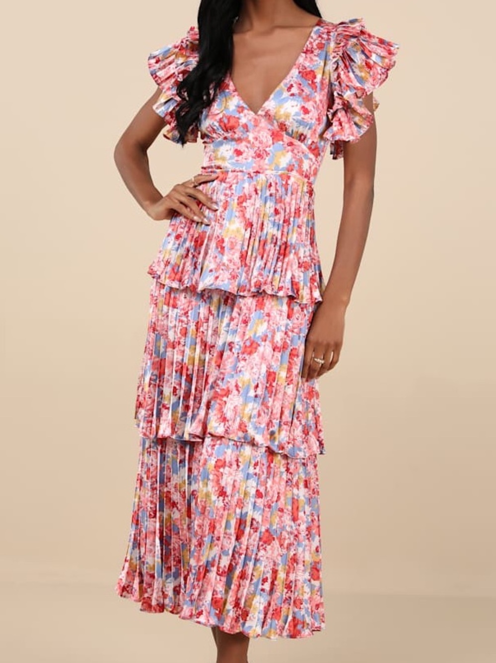 Lulu's Stunning Desire Multi Floral Satin Pleated Tiered Midi Dress XL
